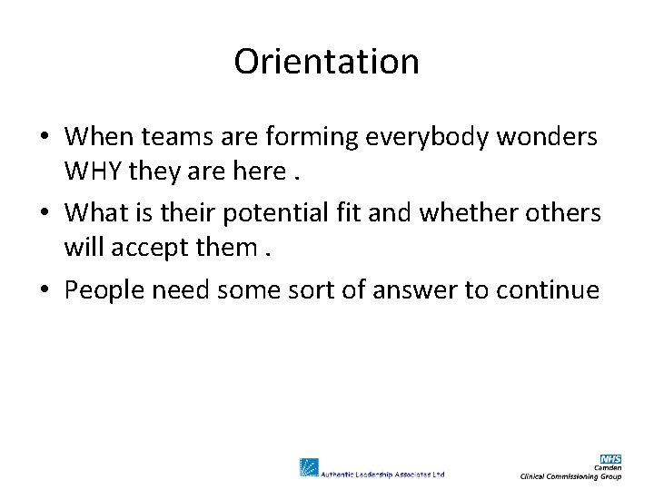 Orientation • When teams are forming everybody wonders WHY they are here. • What