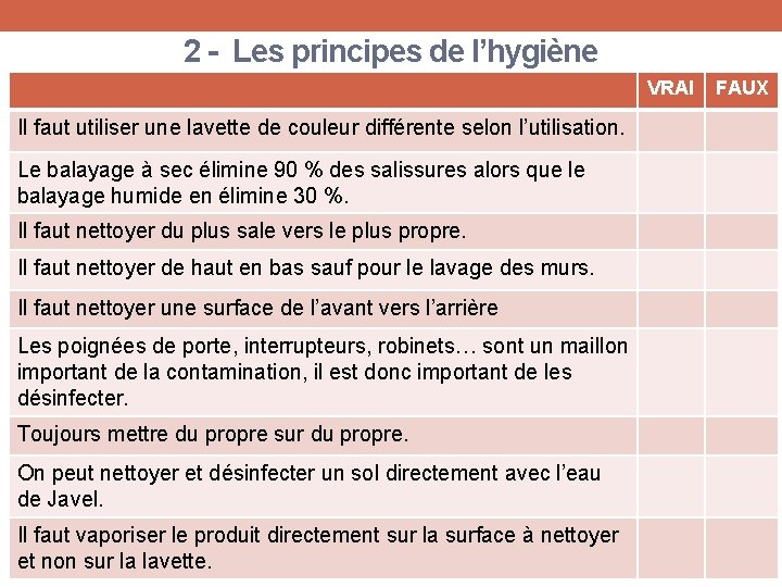2 - Les principes de l’hygiène VRAI Il faut utiliser une lavette de couleur