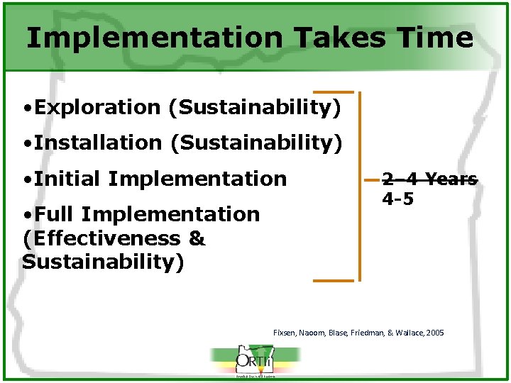 Implementation Takes Time • Exploration (Sustainability) • Installation (Sustainability) • Initial Implementation • Full