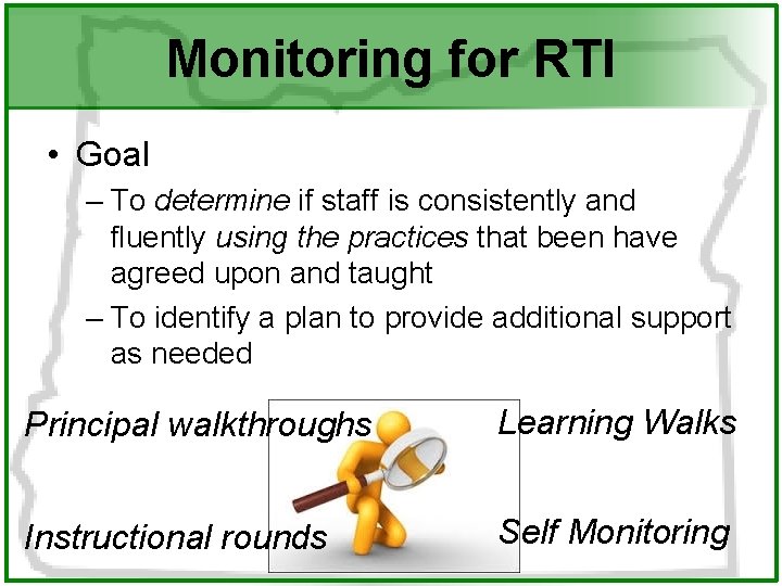 Monitoring for RTI • Goal – To determine if staff is consistently and fluently