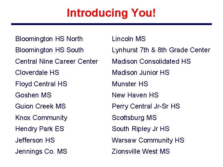 Introducing You! Bloomington HS North Lincoln MS Bloomington HS South Lynhurst 7 th &
