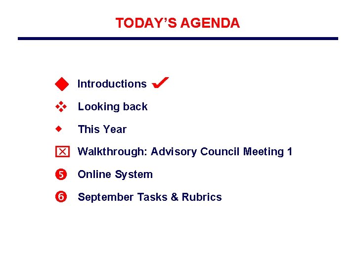 TODAY’S AGENDA Introductions Looking back This Year Walkthrough: Advisory Council Meeting 1 Online System