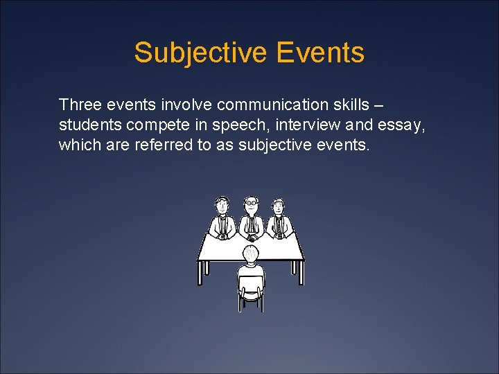 Subjective Events Three events involve communication skills – students compete in speech, interview and