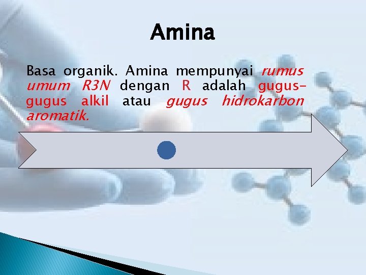Amina Basa organik. Amina mempunyai rumus umum R 3 N dengan R adalah gugus