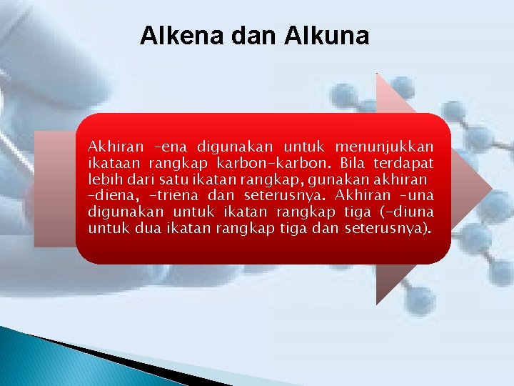 Alkena dan Alkuna Akhiran –ena digunakan untuk menunjukkan ikataan rangkap karbon-karbon. Bila terdapat lebih