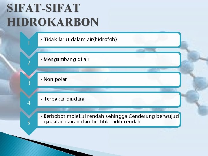 SIFAT-SIFAT HIDROKARBON 1 2 3 4 5 • Tidak larut dalam air(hidrofob) • Mengambang