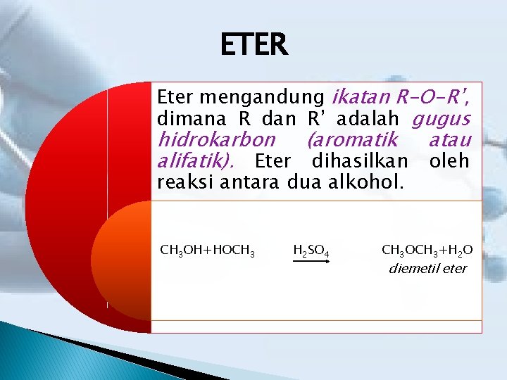 ETER Eter mengandung ikatan R-O-R’, dimana R dan R’ adalah gugus hidrokarbon (aromatik atau