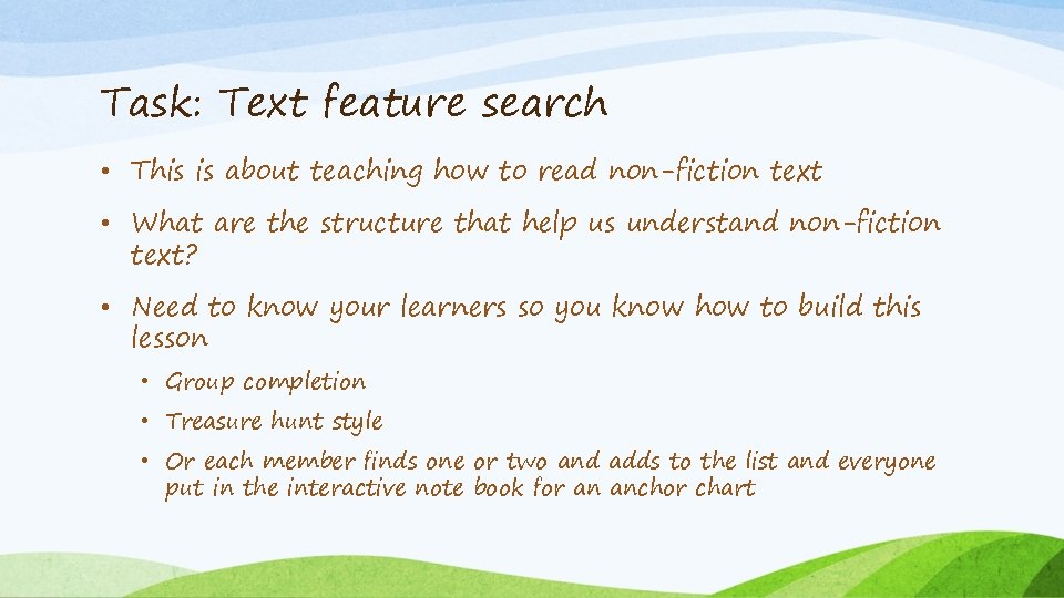 Task: Text feature search • This is about teaching how to read non-fiction text