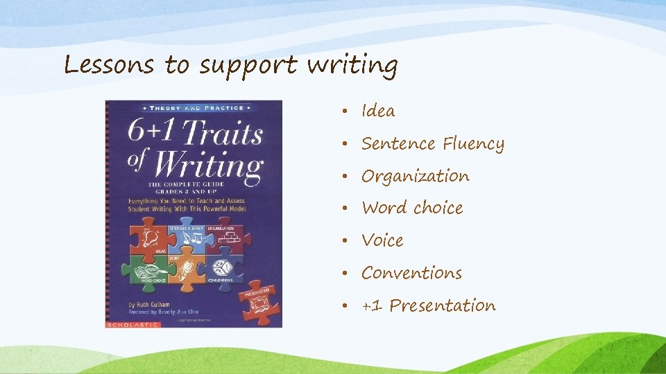 Lessons to support writing • Idea • Sentence Fluency • Organization • Word choice