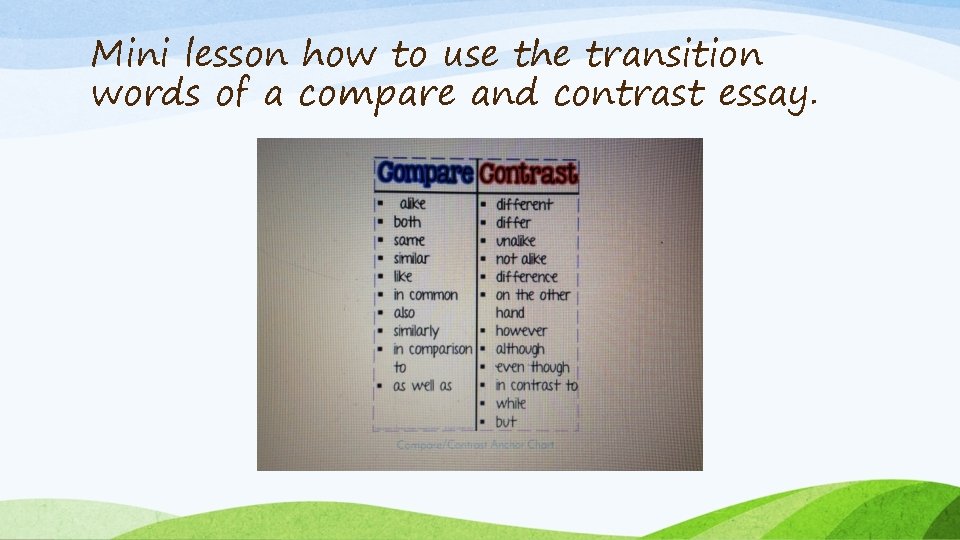 Mini lesson how to use the transition words of a compare and contrast essay.