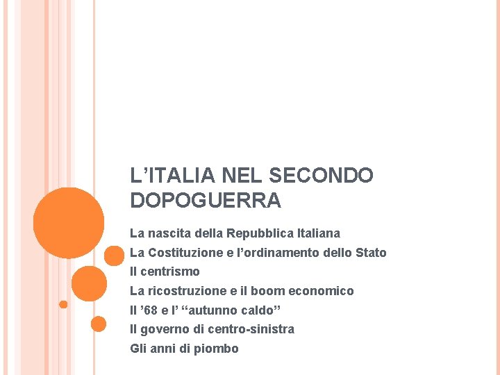 L’ITALIA NEL SECONDO DOPOGUERRA La nascita della Repubblica Italiana La Costituzione e l’ordinamento dello