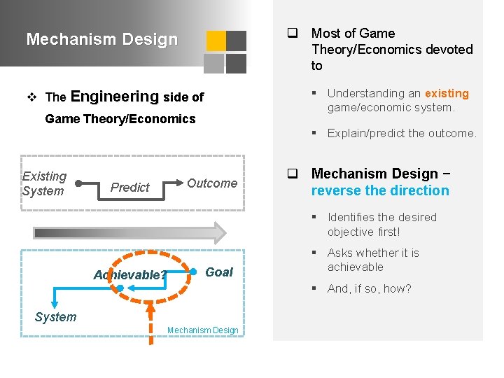 q Most of Game Theory/Economics devoted to Mechanism Design § Understanding an existing game/economic