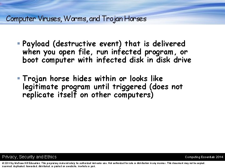Computer Viruses, Worms, and Trojan Horses § Payload (destructive event) that is delivered when