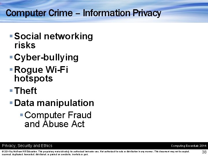 Computer Crime – Information Privacy § Social networking risks § Cyber-bullying § Rogue Wi-Fi