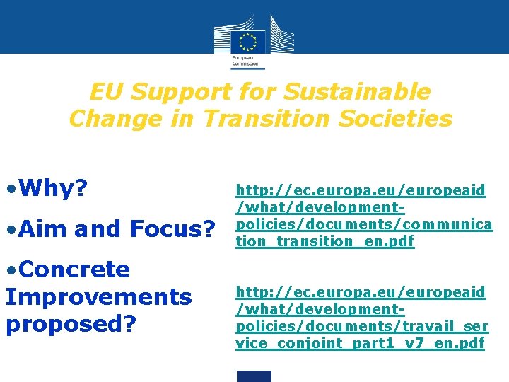 EU Support for Sustainable Change in Transition Societies • Why? • Aim and Focus?