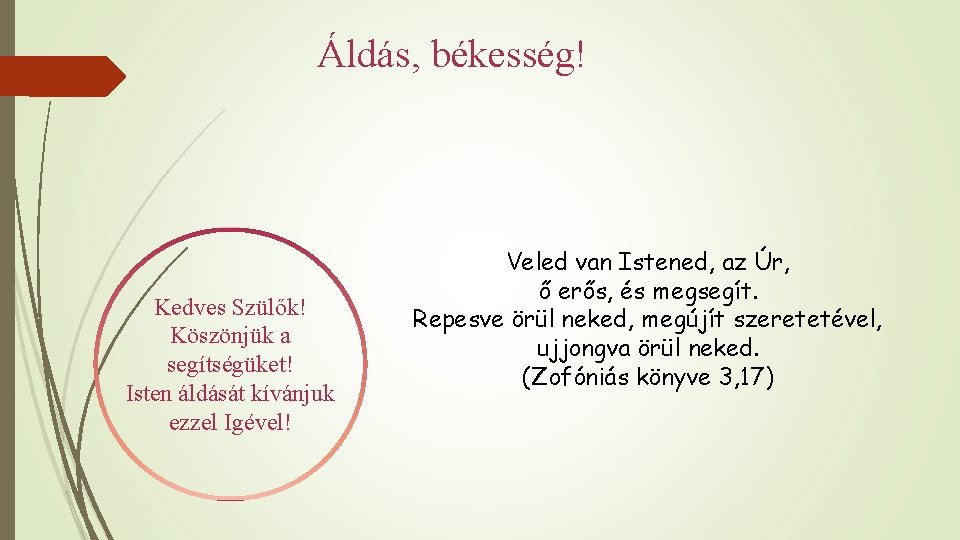 Áldás, békesség! Kedves Szülők! Köszönjük a segítségüket! Isten áldását kívánjuk ezzel Igével! Veled van