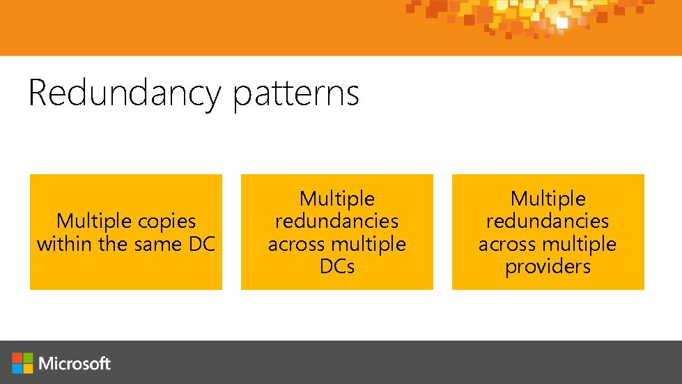 Redundancy patterns Multiple copies within the same DC Multiple redundancies across multiple DCs Multiple