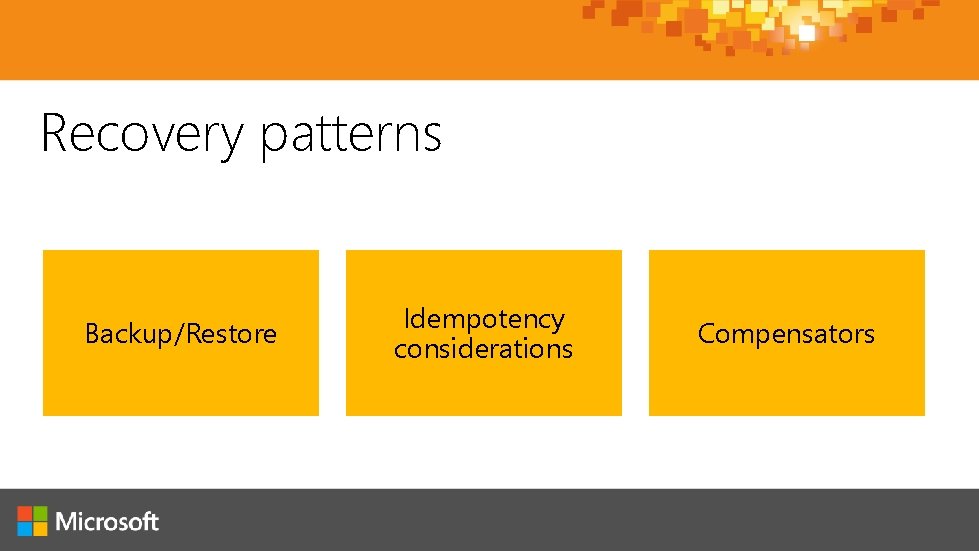 Recovery patterns Backup/Restore Idempotency considerations Compensators 