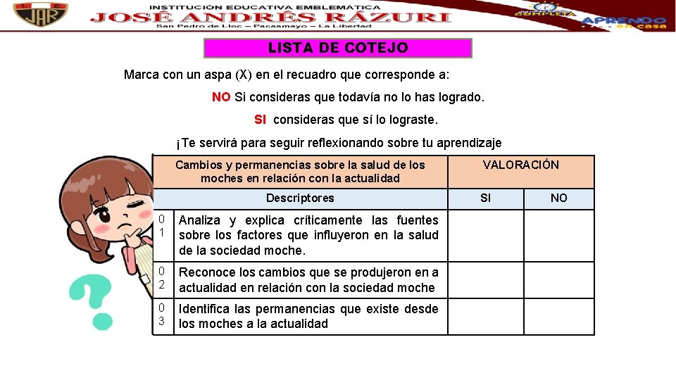 LISTA DE COTEJO Marca con un aspa (X) en el recuadro que corresponde a: