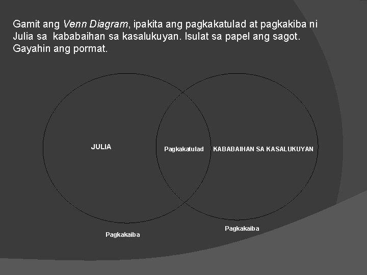 Gamit ang Venn Diagram, ipakita ang pagkakatulad at pagkakiba ni Julia sa kababaihan sa