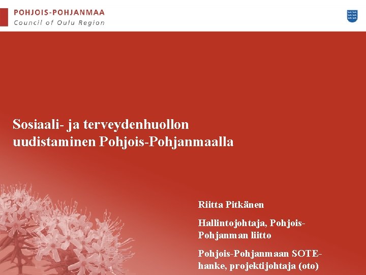 Sosiaali- ja terveydenhuollon uudistaminen Pohjois-Pohjanmaalla Riitta Pitkänen Hallintojohtaja, Pohjois. Pohjanman liitto Pohjois-Pohjanmaan SOTEhanke, projektijohtaja