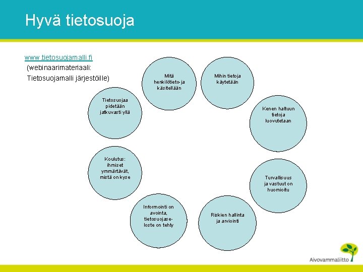 Hyvä tietosuoja www. tietosuojamalli. fi (webinaarimateriaali: Tietosuojamalli järjestöille) Mitä henkilötieto-ja käsitellään Mihin tietoja käytetään