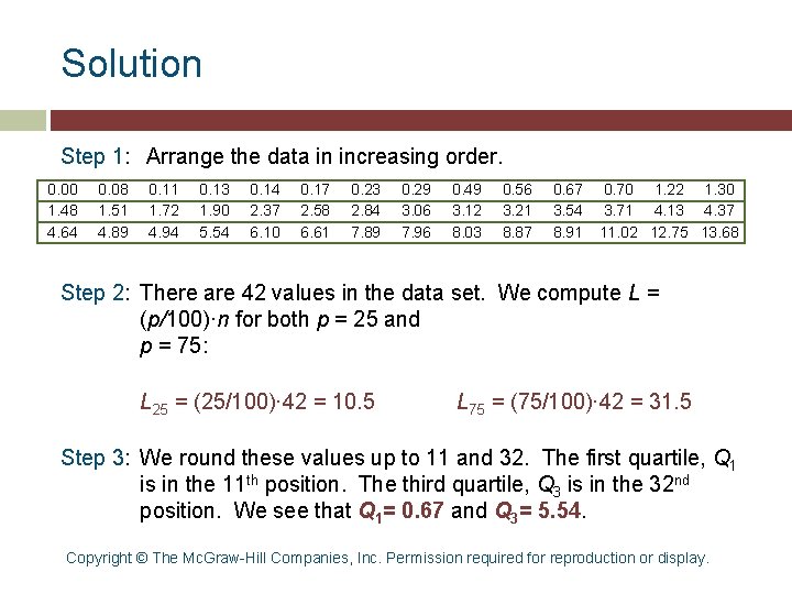 Solution Step 1: Arrange the data in increasing order. 0. 00 1. 48 4. Solution Step 1: Arrange the data in increasing order. 0. 00 1. 48 4.