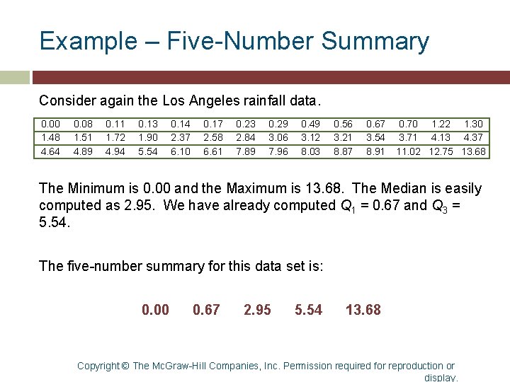 Example – Five-Number Summary Consider again the Los Angeles rainfall data. 0. 00 1. Example – Five-Number Summary Consider again the Los Angeles rainfall data. 0. 00 1.