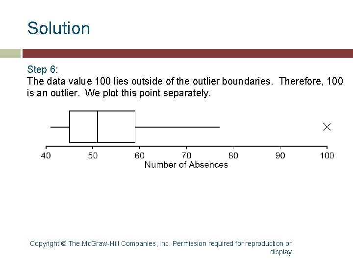 Solution Step 6: The data value 100 lies outside of the outlier boundaries. Therefore, Solution Step 6: The data value 100 lies outside of the outlier boundaries. Therefore,