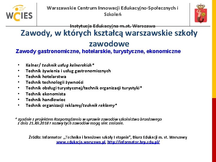 Warszawskie Centrum Innowacji Edukacyjno-Społecznych i Szkoleń Instytucja Edukacyjna m. st. Warszawa Zawody, w których