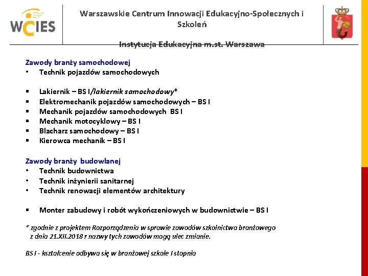 Warszawskie Centrum Innowacji Edukacyjno-Społecznych i Szkoleń Instytucja Edukacyjna m. st. Warszawa Zawody branży samochodowej