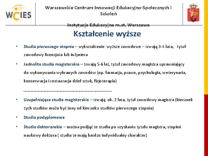 Warszawskie Centrum Innowacji Edukacyjno-Społecznych i Szkoleń Instytucja Edukacyjna m. st. Warszawa Kształcenie wyższe • Warszawskie Centrum Innowacji Edukacyjno-Społecznych i Szkoleń Instytucja Edukacyjna m. st. Warszawa Kształcenie wyższe •