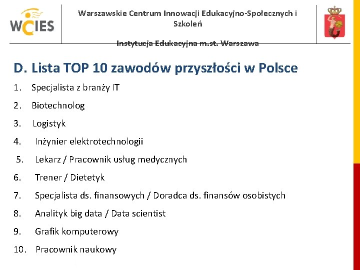 Warszawskie Centrum Innowacji Edukacyjno-Społecznych i Szkoleń Instytucja Edukacyjna m. st. Warszawa D. Lista TOP