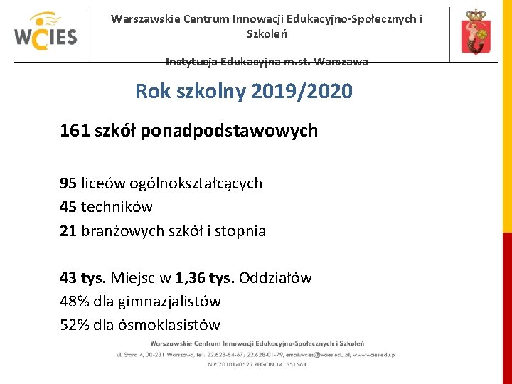Warszawskie Centrum Innowacji Edukacyjno-Społecznych i Szkoleń Instytucja Edukacyjna m. st. Warszawa Rok szkolny 2019/2020 Warszawskie Centrum Innowacji Edukacyjno-Społecznych i Szkoleń Instytucja Edukacyjna m. st. Warszawa Rok szkolny 2019/2020