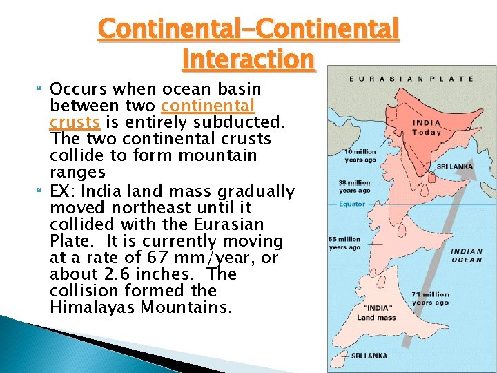 Continental-Continental Interaction Occurs when ocean basin between two continental crusts is entirely subducted. The