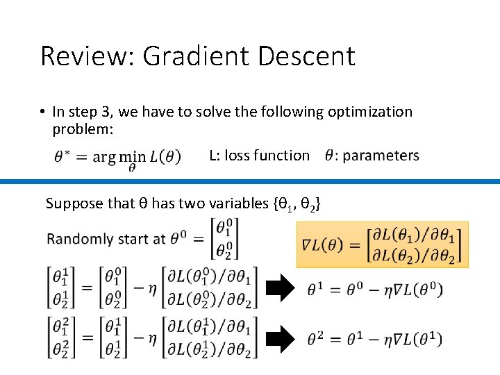 Review: Gradient Descent • In step 3, we have to solve the following optimization