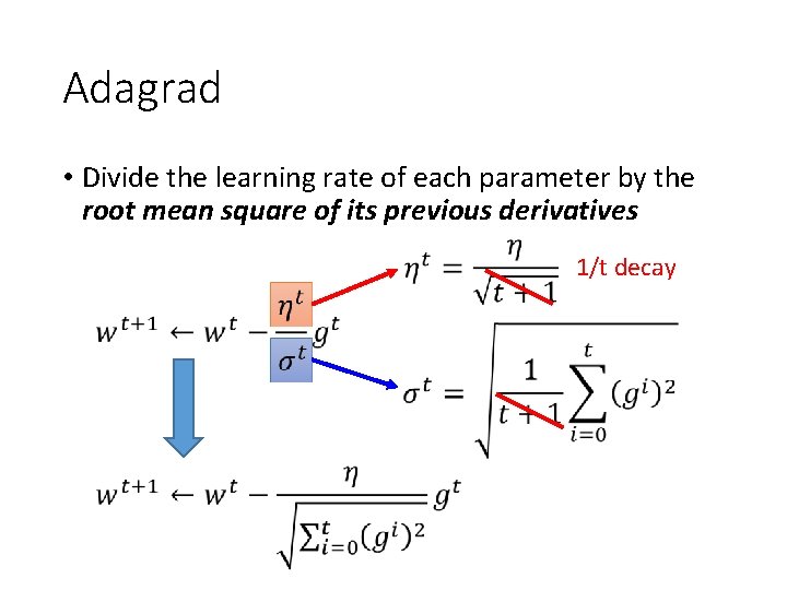 Adagrad • Divide the learning rate of each parameter by the root mean square