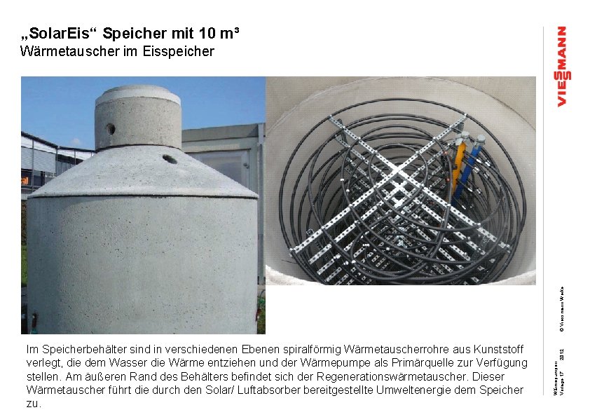 „Solar. Eis“ Speicher mit 10 m³ Im Speicherbehälter sind in verschiedenen Ebenen spiralförmig Wärmetauscherrohre