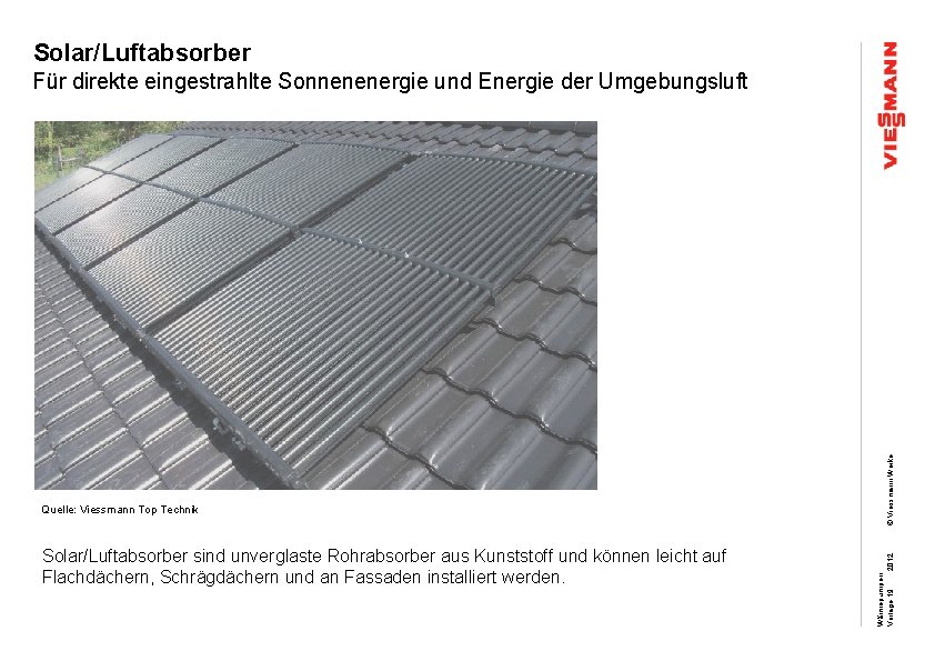 Solar/Luftabsorber sind unverglaste Rohrabsorber aus Kunststoff und können leicht auf Flachdächern, Schrägdächern und an