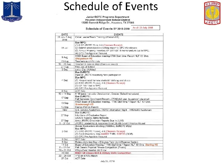 Schedule of Events 