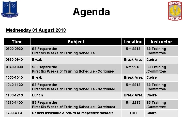 Agenda Wednesday 01 August 2018 Time Subject Location 0900 -0930 S 3 Prepare the