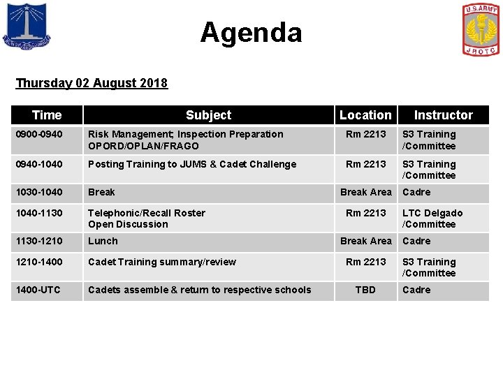 Agenda Thursday 02 August 2018 Time Subject Location Instructor 0900 -0940 Risk Management; Inspection