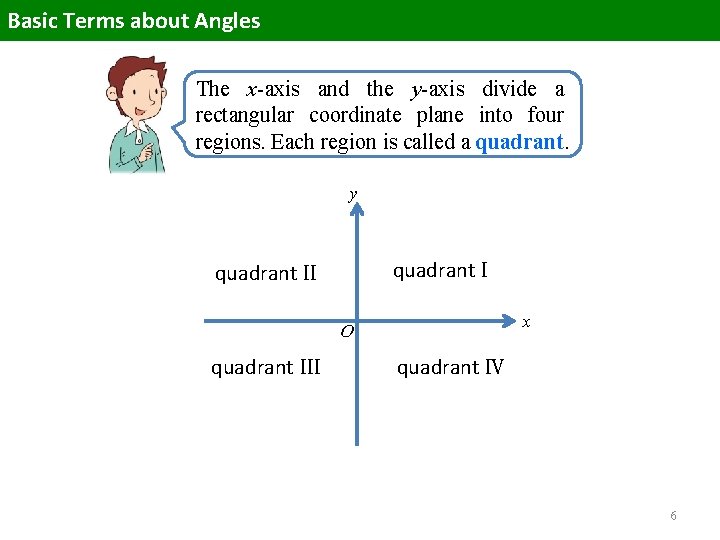 Basic Terms about Angles The x-axis and the y-axis divide a rectangular coordinate plane Basic Terms about Angles The x-axis and the y-axis divide a rectangular coordinate plane