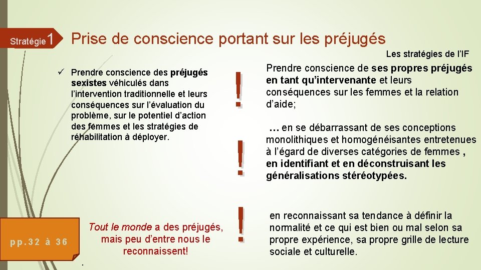 Stratégie 1 Prise de conscience portant sur les préjugés Les stratégies de l’IF ü