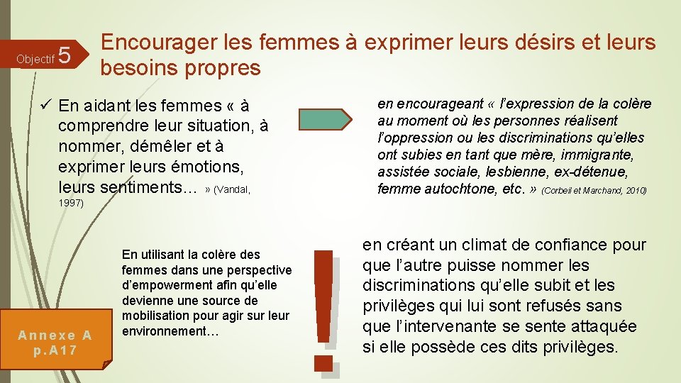 Objectif 5 Encourager les femmes à exprimer leurs désirs et leurs besoins propres ü