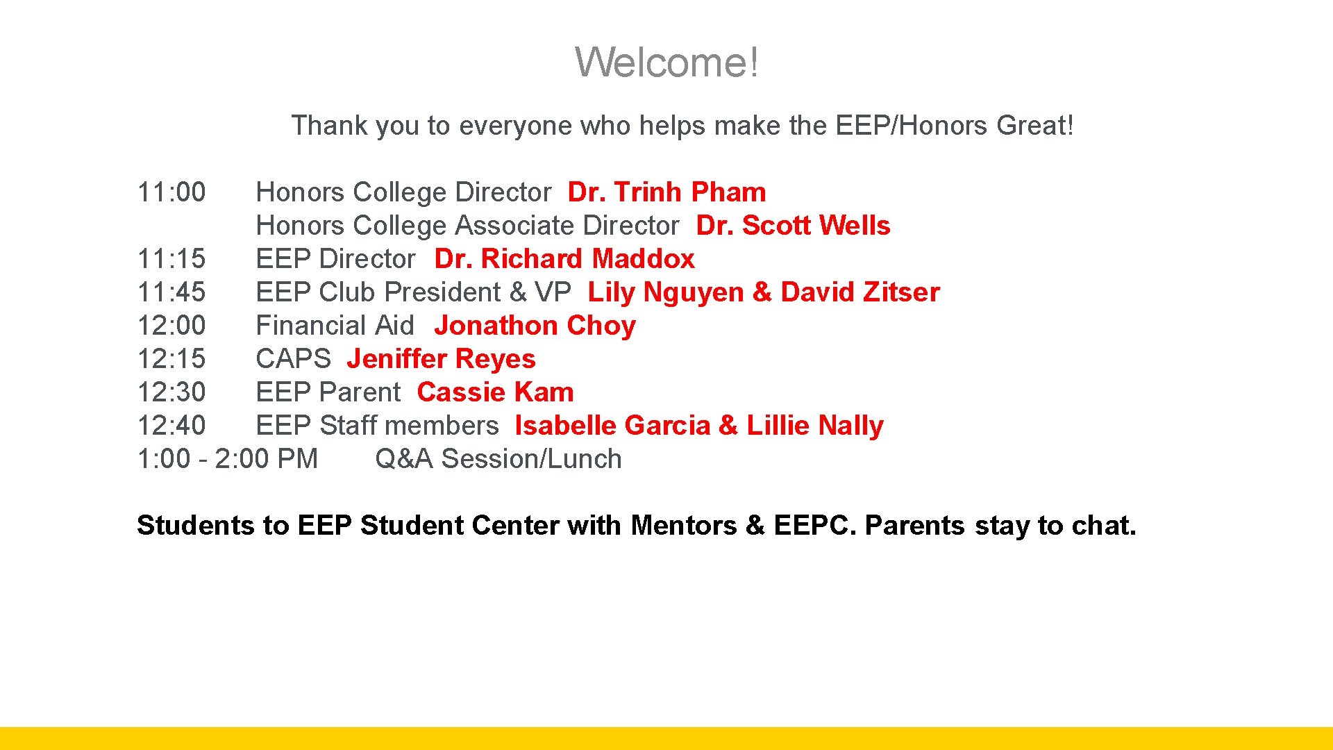 Welcome! Thank you to everyone who helps make the EEP/Honors Great! 11: 00 Honors