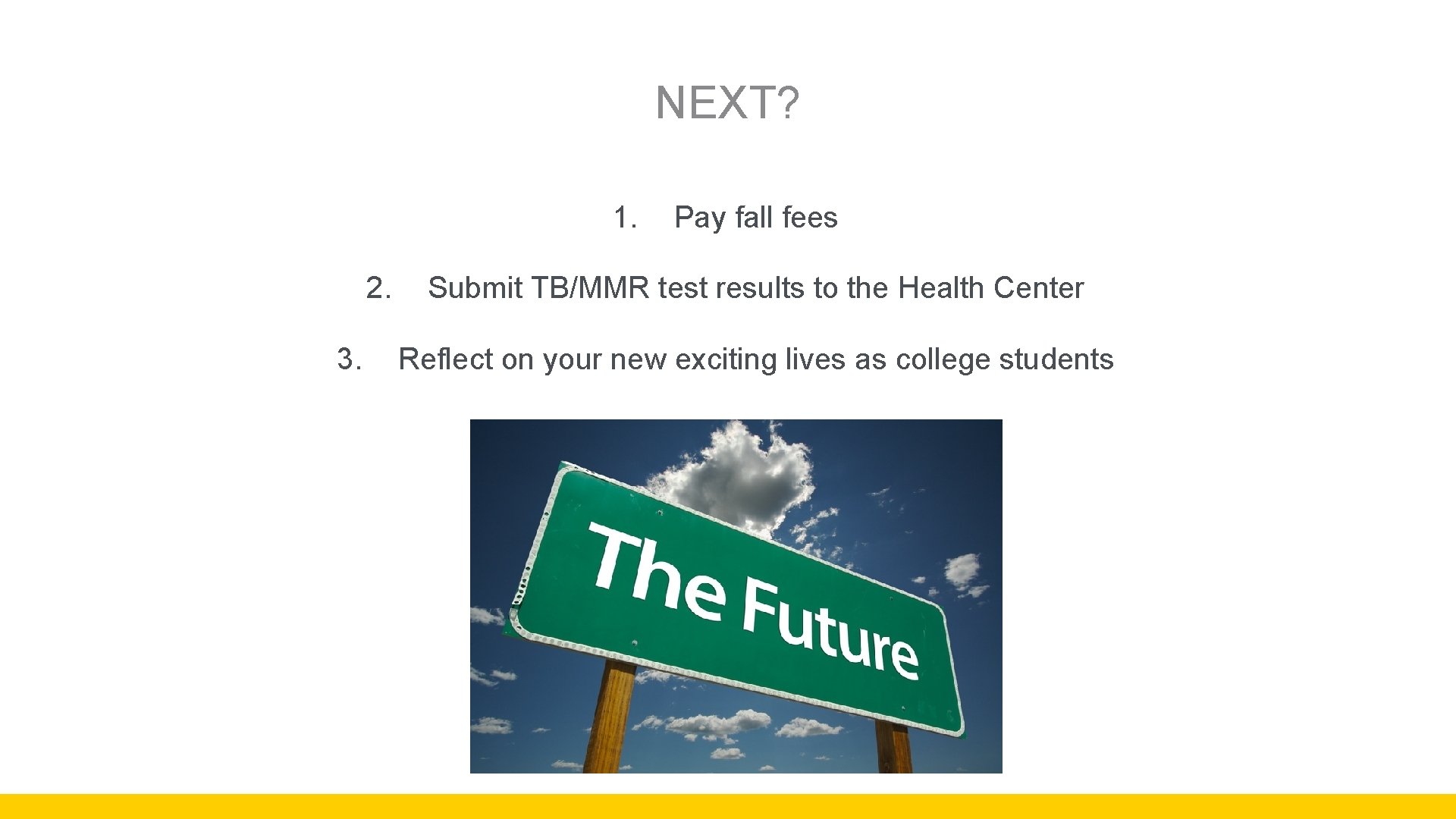 NEXT? 1. 2. 3. Pay fall fees Submit TB/MMR test results to the Health