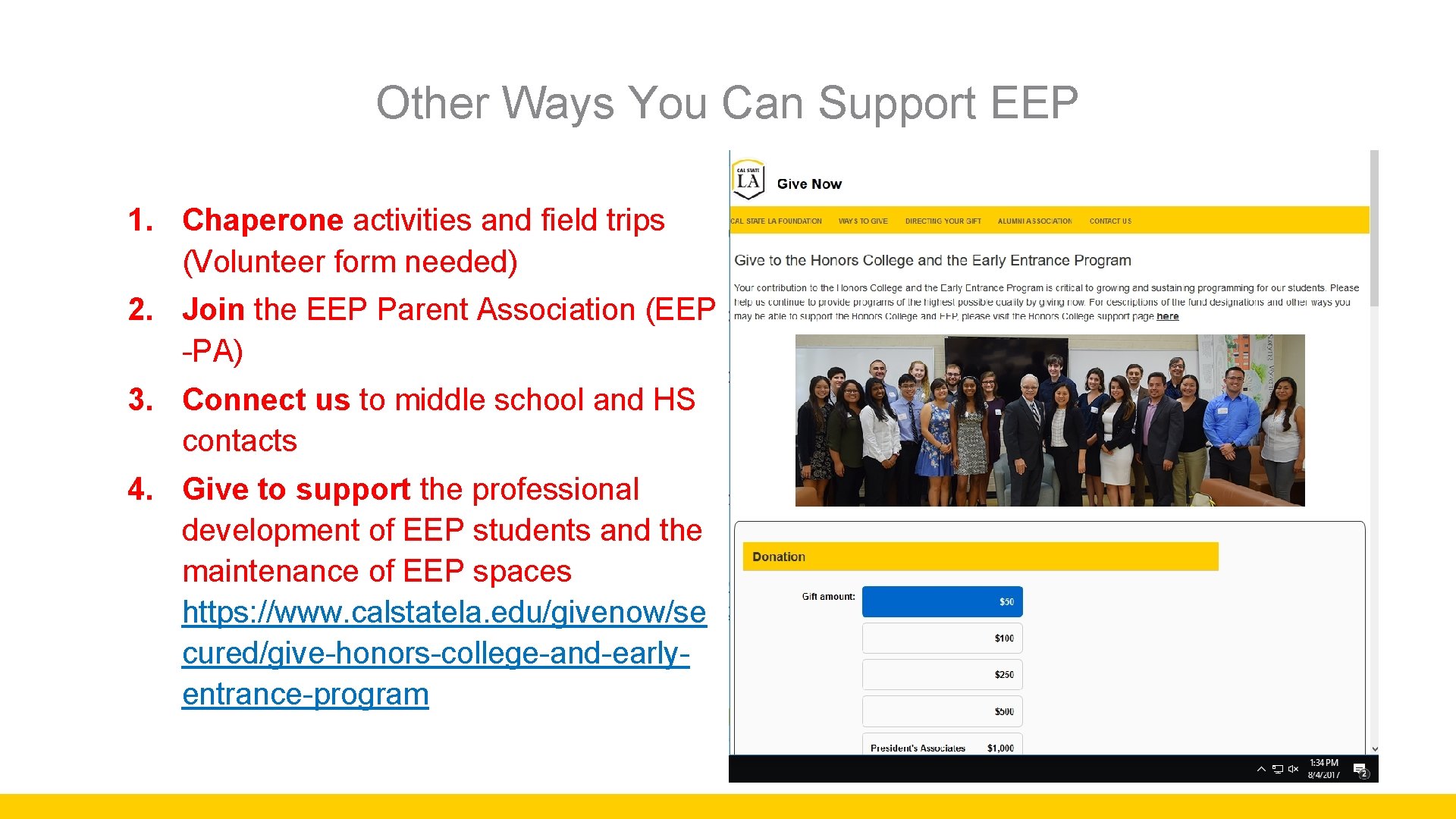Other Ways You Can Support EEP 1. Chaperone activities and field trips (Volunteer form