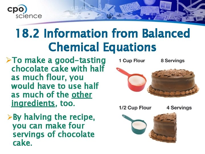18. 2 Information from Balanced Chemical Equations ØTo make a good-tasting chocolate cake with