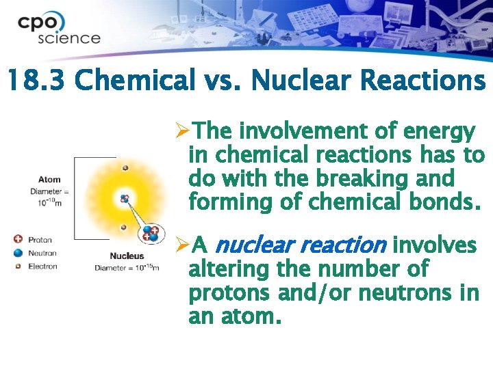18. 3 Chemical vs. Nuclear Reactions ØThe involvement of energy in chemical reactions has